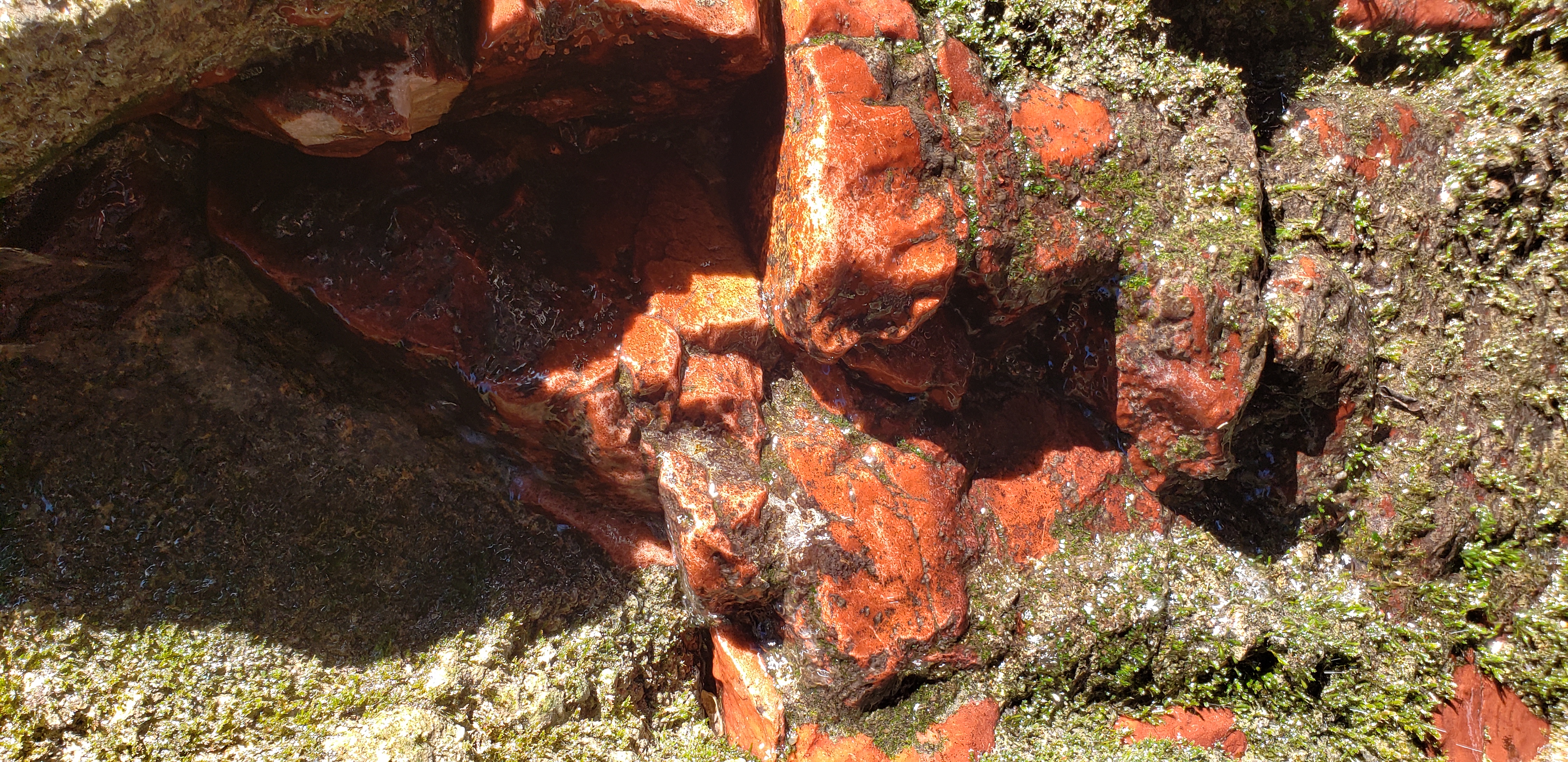 红色的石头,石壁上有泉眼,水都是从石壁上流出来的.